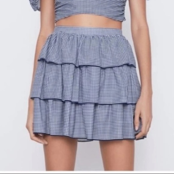 Zara Blue and White Gangnam Ruffle Tiered Skirt - Picture 3 of 6